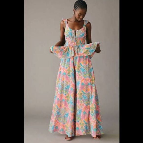 Love The Label Pants - Love The Label Paisley Wide Leg Jumpsuit S Anthropologie Tie Front NWT Ruffle